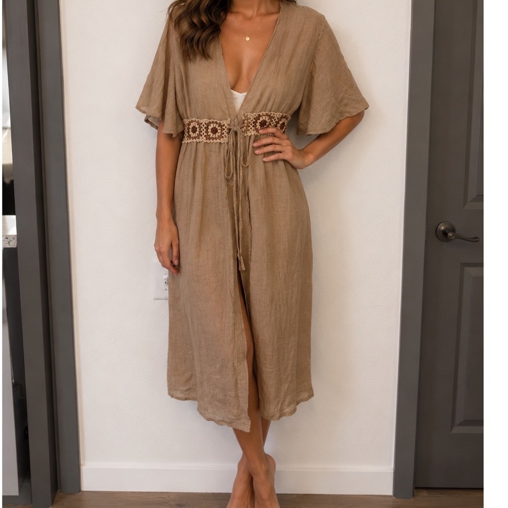 L.I.F.E. Love Is For Eternity Tan Crochet Waist Swim Cover‎ Up Duster Dress M t3